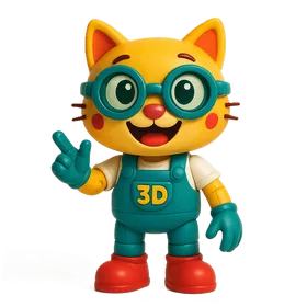 O Treco, mascote da Fábrica de Trecos, de macacão teal e óculos redondos, apontando para cima