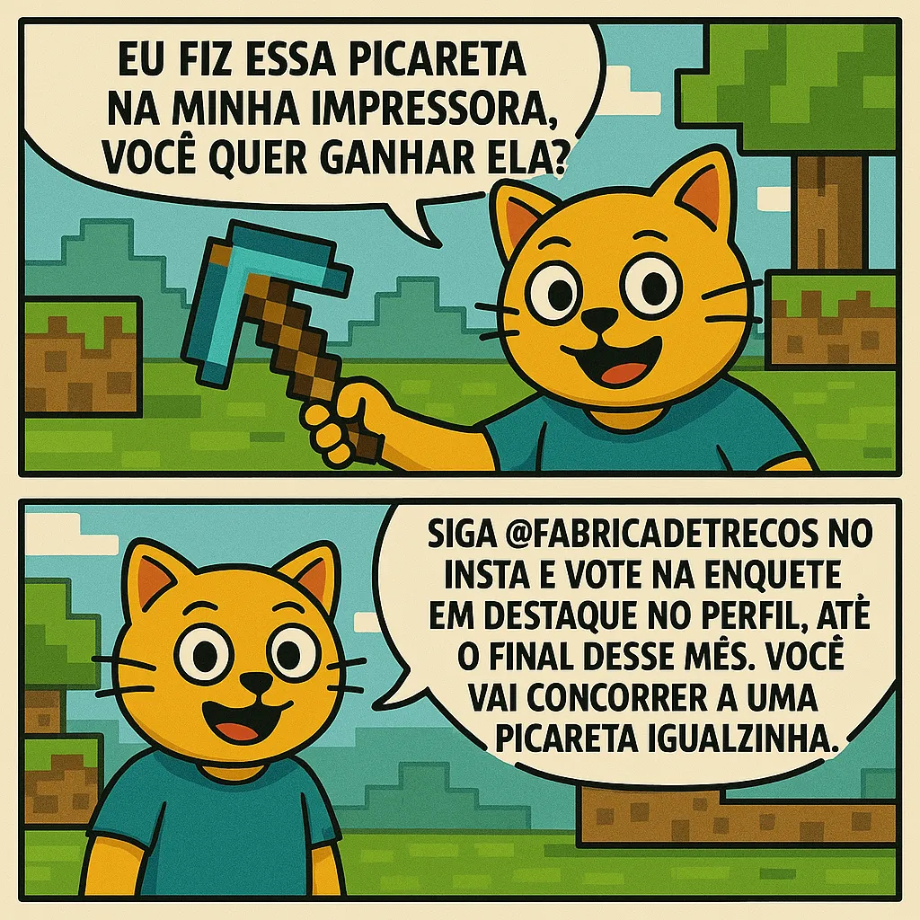 Tirinha do Treco com uma picareta de Minecraft impressa em 3D.