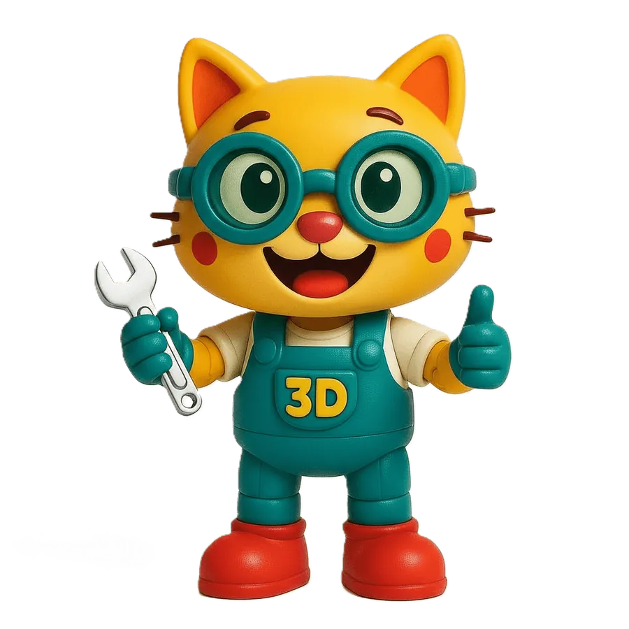 O Treco, mascote gato amarelo da Fábrica de Trecos, de macacão teal, óculos redondos e botas vermelhas